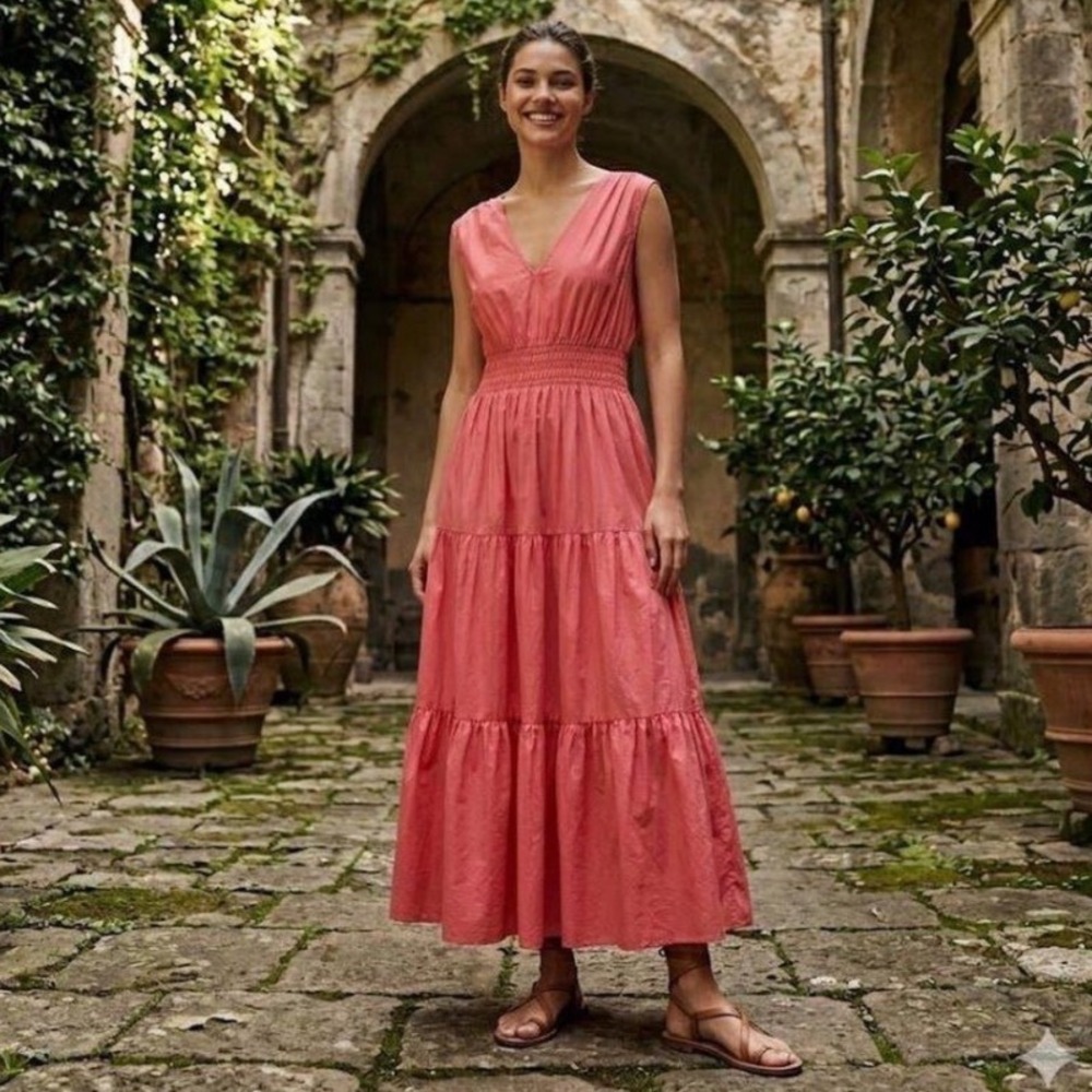 Maeve x Anthropologie | Red Pink Cotton Smocked Tiered Midi Dress, Size 14